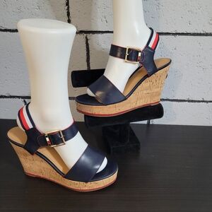 Tommy Hilfiger Navy Leather Cork Wedge Sandals with Red & White Stripe